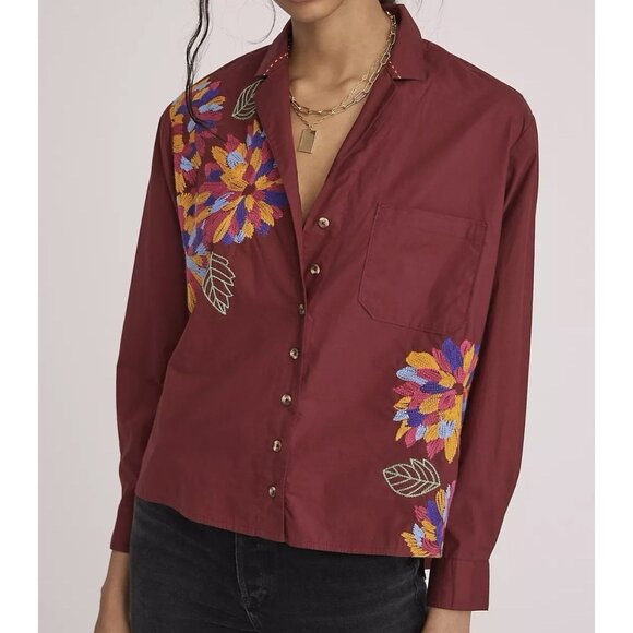 Anthropologie Tops - Anthropologie Maeve Embroidered Button Down Size 0 Cotton Floral Boho Purple